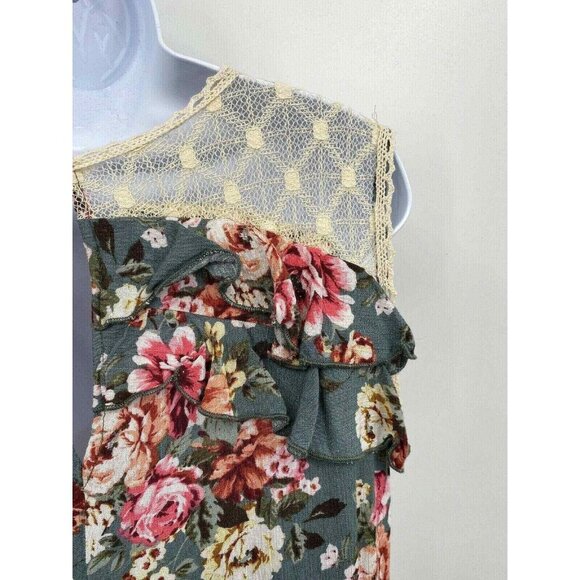 Umgee Tunic Top Womens Medium Green Floral Lace Ruffle Sleeveless - Picture 6 of 8